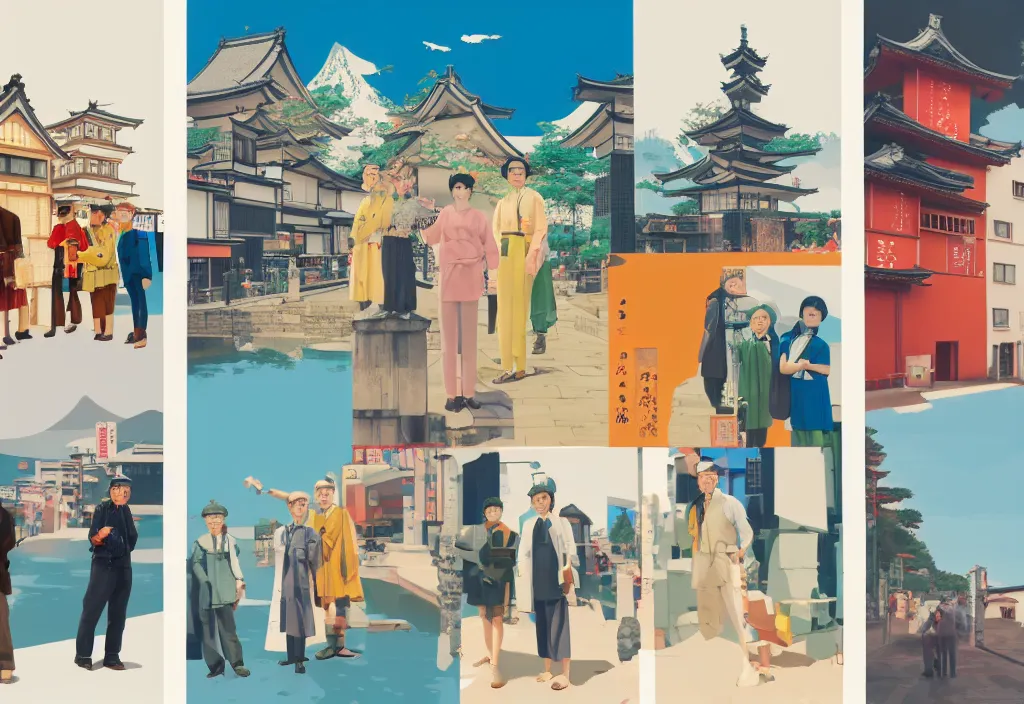 Prompt: a row of several european sightseeing tourists standing with a variety of poses and props, rural japan, character designs, a collage painting, in the style of wes anderson, lola dupre, david hockney, isolated on negative white space background dark monochrome neon spraypaint accents volumetric octane render