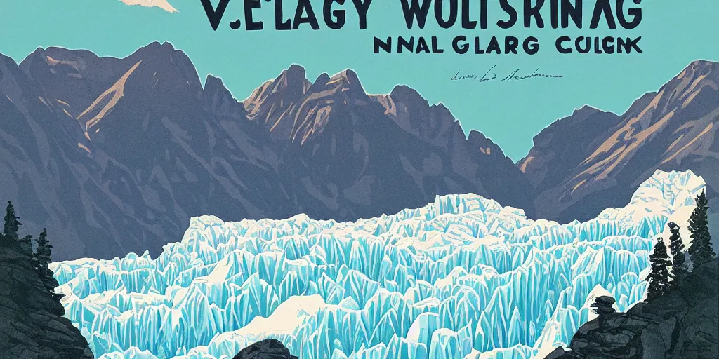 Prompt: beautiful idyllic poster illustration for a craggy ice glacier valley national park by ludwig hohlwein, ludwig hohlwein, graphic, clean bold design