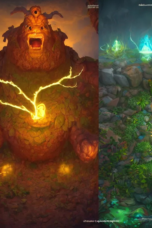 Image similar to arcane fantasy art giant golem elemental wood rock bastion forged gemstone enchanted forest troll, global illumination ray tracing hdr fanart arstation by sung choi and eric pfeiffer and gabriel garza and casper konefal lisa frank zbrush central hardmesh radiating a glowing aura