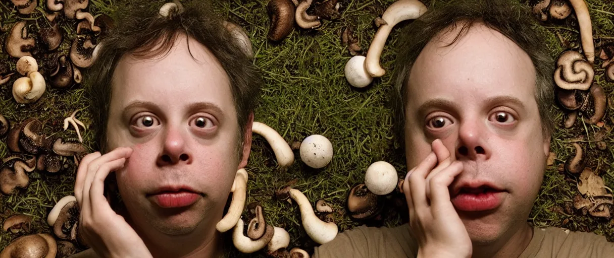 Image similar to award winning photo of a todd solondz charles thompson iv eating a mushrooms and becoming nature, sad, symmetrical face, beautiful eyes, studio lighting, wide shot art by sally mann & arnold newman