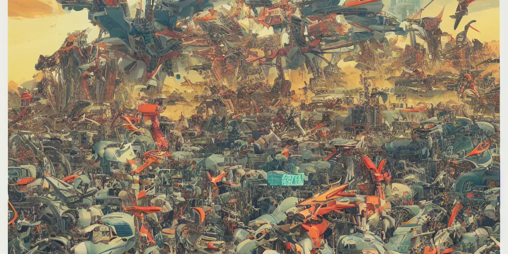 Image similar to gigantic mecha arzach birds with bombs, human faces catch tiny rats, a lot of exotic animals around, big human faces everywhere, helicopters and tremendous birds, risograph by satoshi kon and moebius, matte bright colors, surreal design, super - detailed, a lot of tiny details, fullshot