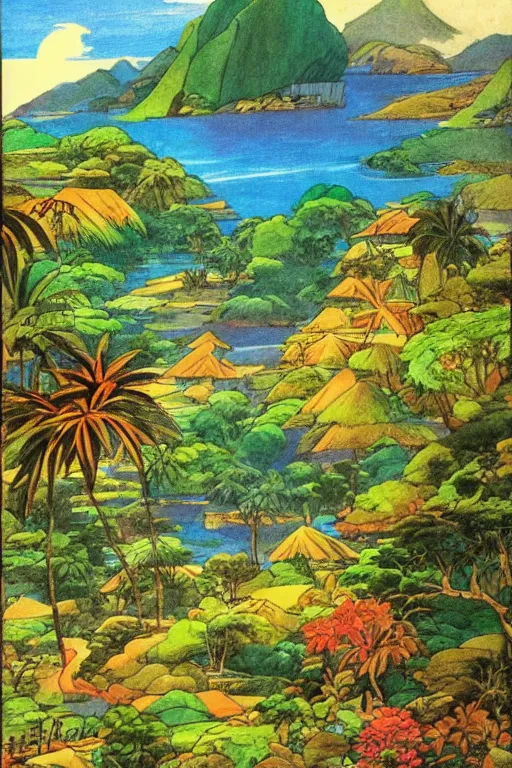 Image similar to a 2D drawing of a beautiful Philippine landscape, colorful and exotic by hiroshi yoshida
