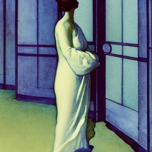 Prompt: close up of a glass woman walking in a temple, art nouveau wallpaper, dripping watercolor by gottfried helnwein, by hammershøi, highly detailed, lights by edward hopper, liminal, eerie, pastel colors, limited palette