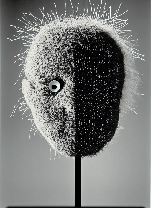 Prompt: realistic object photo of head made of black and white ping pong balls, hairy fluffy caterpillars, readymade, dadaism, fluxus, man ray, x - ray, electronic microscope 1 9 9 0, life magazine photo