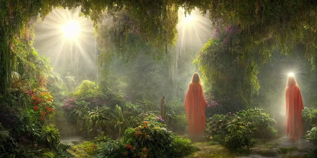 Image similar to long shot of a bright sun shining through a gardens in the bay interior, mystical woman wearing a cloak walking in over grown botanical garden, pre raphaelite, atmospheric, ground mist, waterfalls, light streams, style of gardens in the bay singapore, art by artgerm, sharp, intricate detail,