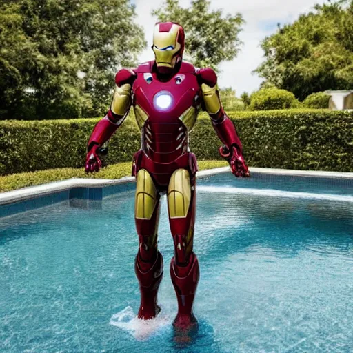 Image similar to iron man suit floating in pool, 4k realistic photo