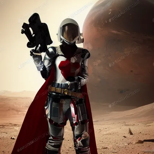 Prompt: a young female soldier wearing bloodstained glossy sleek white dinged scuffed armor and a long torn red cape, heroic posture, determined expression, elegant, no helmet, on the surface of mars, dramatic lighting, cinematic, sci-fi, hyperrealistic, detailed