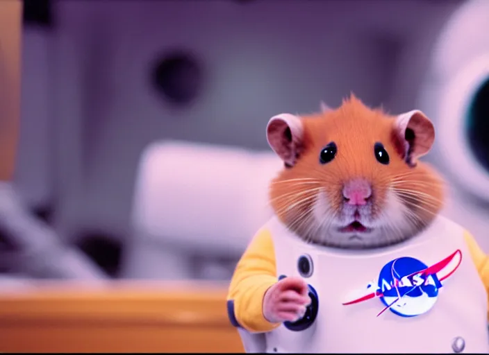 Image similar to film still of a hamster working for mission control at nasa, 8 k