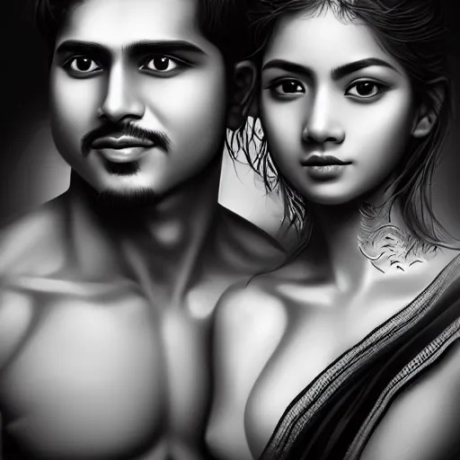 Image similar to perfectly centered symmetrical split male and female portrait of indian romance couple man and woman in love sharing one heart ; digital artwork by'kyuyong eom'and artgerm, photorealistic, highly detailed ; trending on artstation