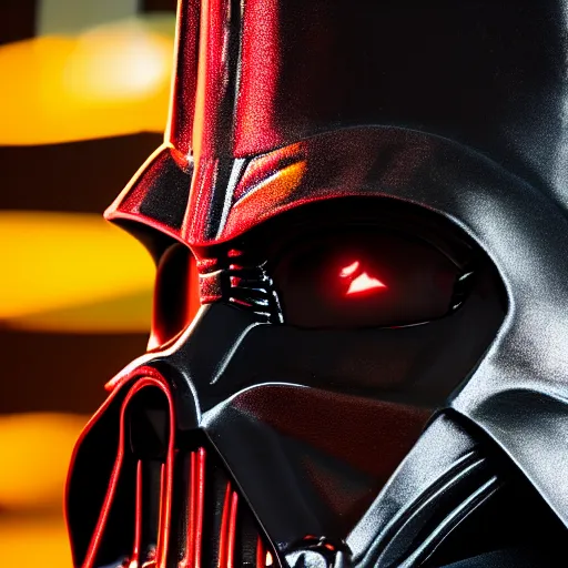 Image similar to close - up darth vader, fine details, 8 k, shallow depth of field, moody lighting, cinematic lighting,