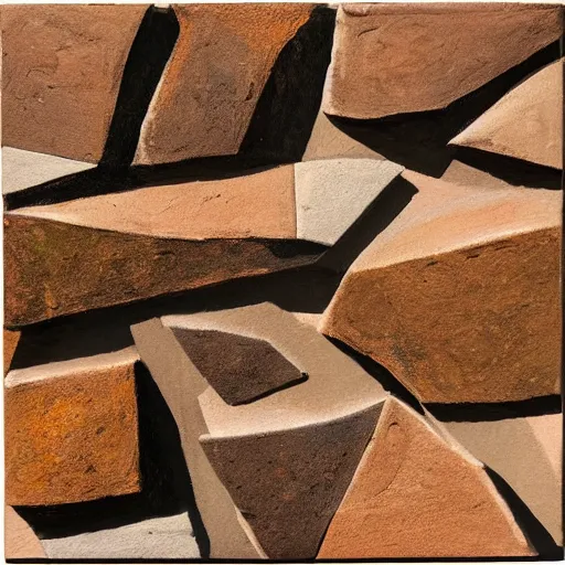 Image similar to masterpiece painting of thousands of three - quarter angle square rocky shapes emerging in rich earthy tones. abstract quality with an engineering feel. wind blown. even light.