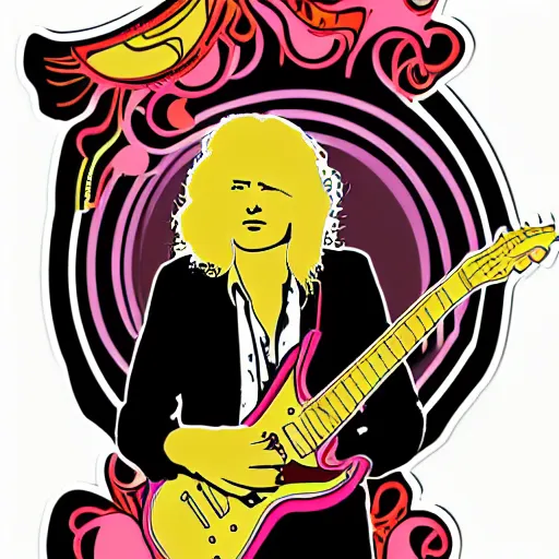 Prompt: 1 9 7 0 - young - jimmy page from led zepelin playing - guitar - solo, sticker - art, svg vector, adobe - illustrator