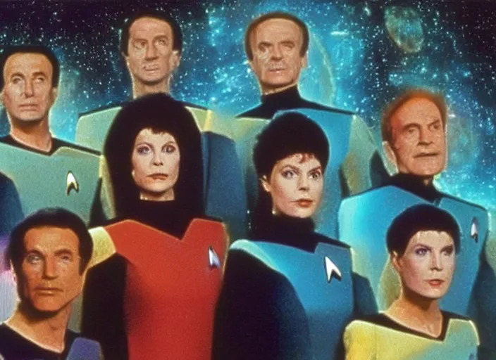 Image similar to a still from a 1 9 8 0 s sci - fi tv programme, star trek tng, deep space nine, star trek voyager, babylon 5, vhs distortion