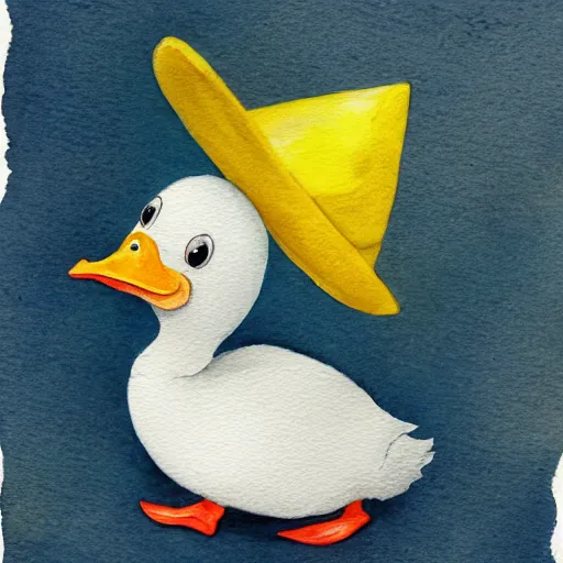 Image similar to watercolor yellow duck with party hat and middle finger pointing up, white background, highly detailed, art,