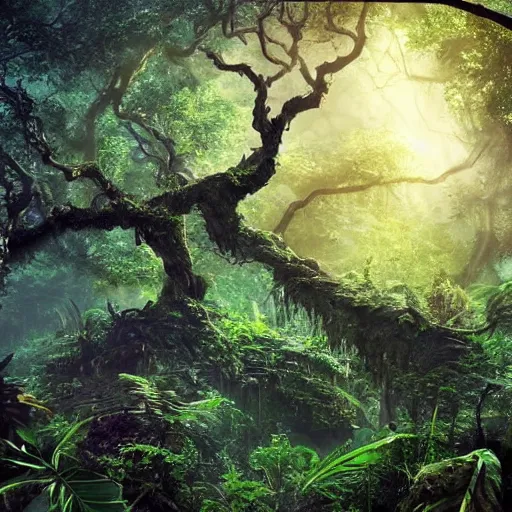 Image similar to horrific, spectacular tree in a densely overgrown jungle, fantasy, dreamlike sunraise, ultra realistic, atmospheric, stopped in time, epic