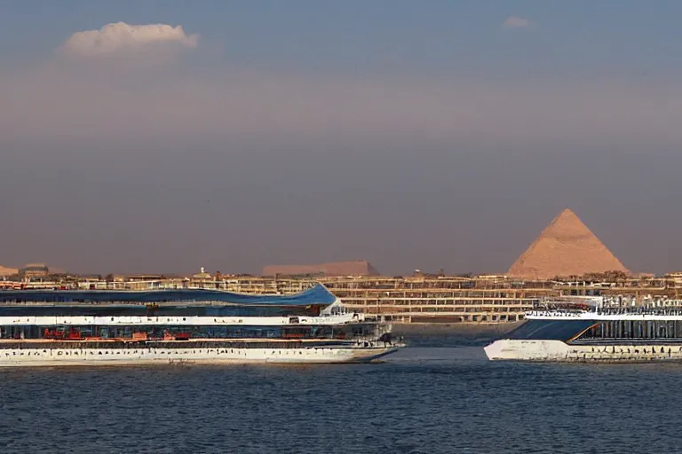 Image similar to realistic photo of the river nile, with the pyramids of giza in the background, a river flowing through the scene, cruise ship in the foreground, sunshine