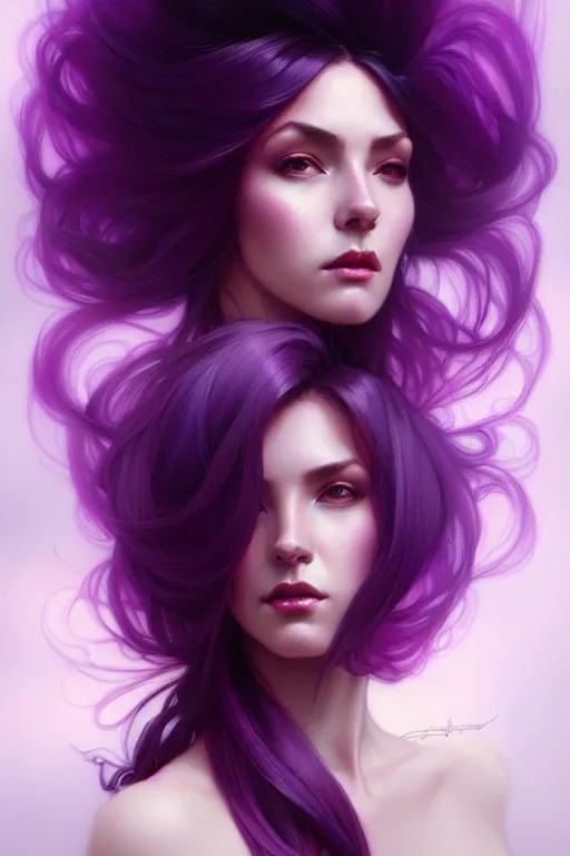 Image similar to Purple hair, creative colouring Portrait of woman, fashion, intricate, elegant, highly detailed, digital painting, artstation, concept art, smooth, sharp focus, illustration, art by artgerm and greg rutkowski and alphonse mucha