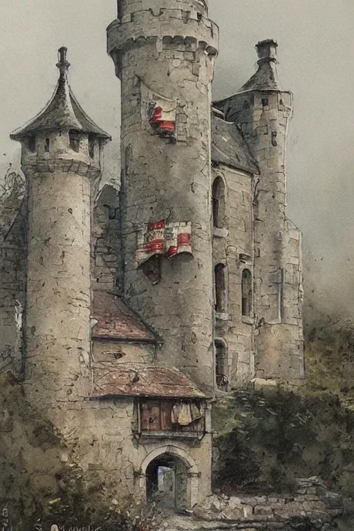 Prompt: 1950s castle . muted colors. by Jean-Baptiste Monge