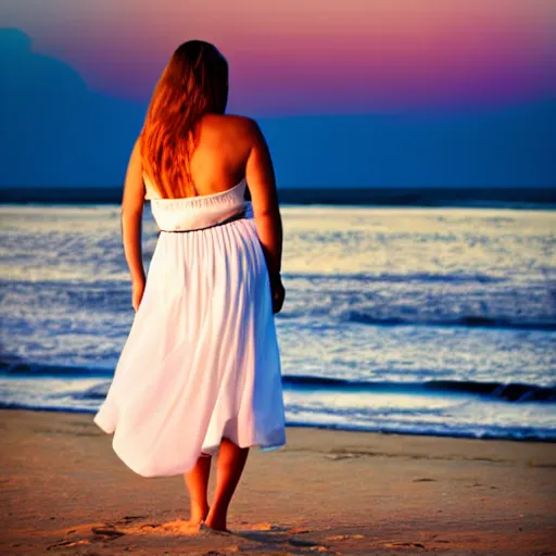 Image similar to a beautiful photograph of a woman in a white dress on the beach at sunset, by krysia lukkason