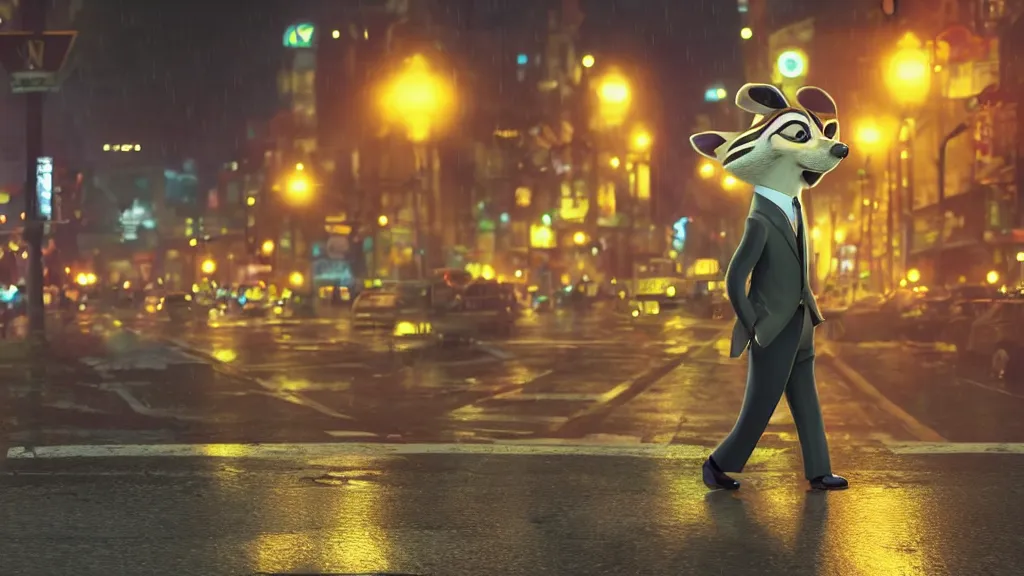 Image similar to A cute anthropomorphic raccoon businessman is walking down a busy crosswalk at in the rain at night, warm lighting with an orange glow blanketing the cityscape from the city lights, zootopia, other anthropomorphic characters are walking by him, extremely detailed, HDR, sideview, solemn and moody, many cars and animal people in the background, detailed face and eyes, large eyes with visible pupils, the road is wet with many rain puddles, reflections from the water on the ground, he is carrying a black briefcase