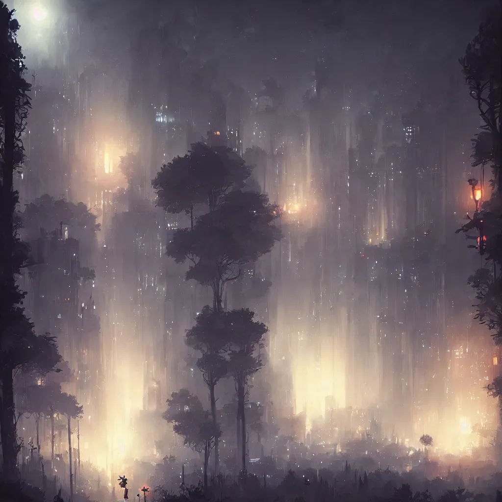 Image similar to city at night by a forest (Ori and the Blind Forest), digital painting, sharp render by Greg Rutkowski