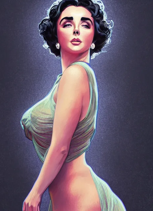 Image similar to elizabeth taylor full body pose, detailed clothing, half body shot, arms down, path traced, highly detailed, high quality, digital painting, alena aenami,, lilia alvarado, shinji aramaki, karol bak, alphonse mucha, tom bagshaw on a black background