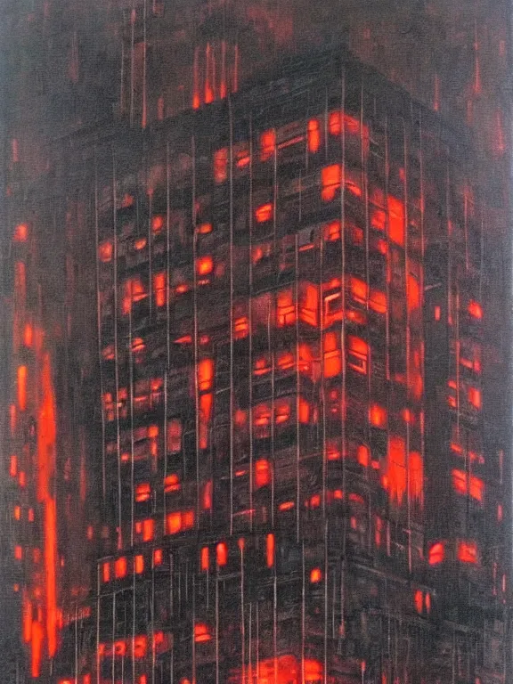 Prompt: painting by beksinsky, giger, bosch of soviet residential building, brutalism architecture, red lights are on windows, demons in adidas, hellish, dark night, hell fire, epic, street lamps as bones with orange light, several birches with skulls, veins wired, mega detailed