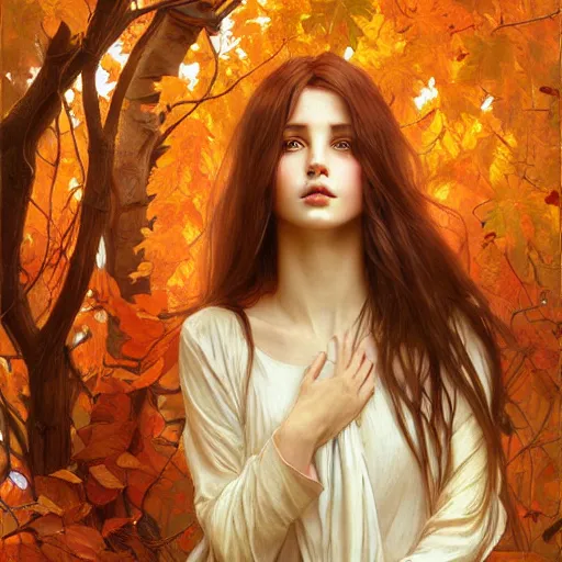 Prompt: girl with super long hair, hair becoming autumn red leaves, digital painting, detailed eyes, art by artgerm and greg rutkowski and alphonse mucha
