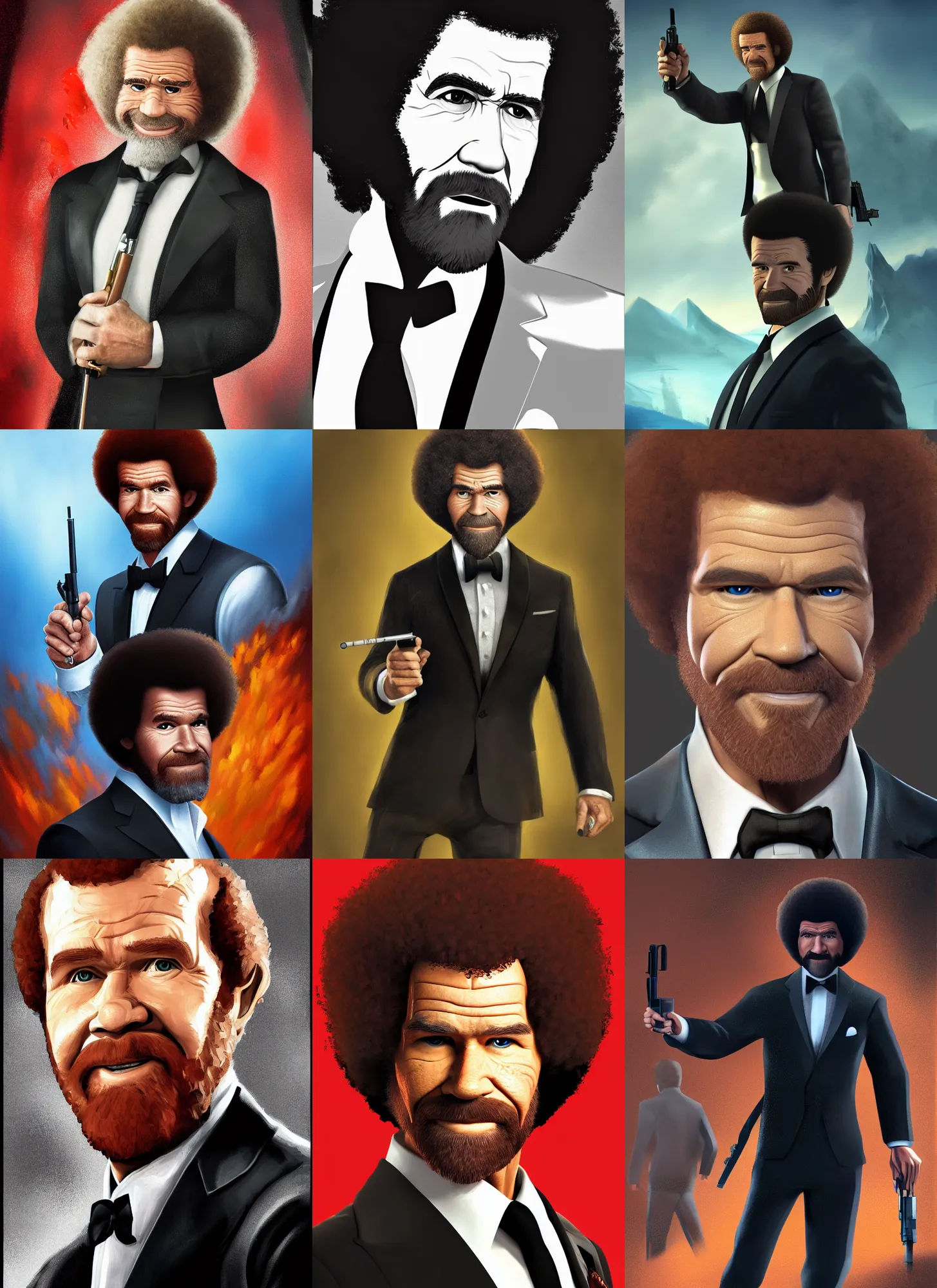 Prompt: character portrait of Bob Ross playing James Bond 007, digital art, trending on artstation, 4k