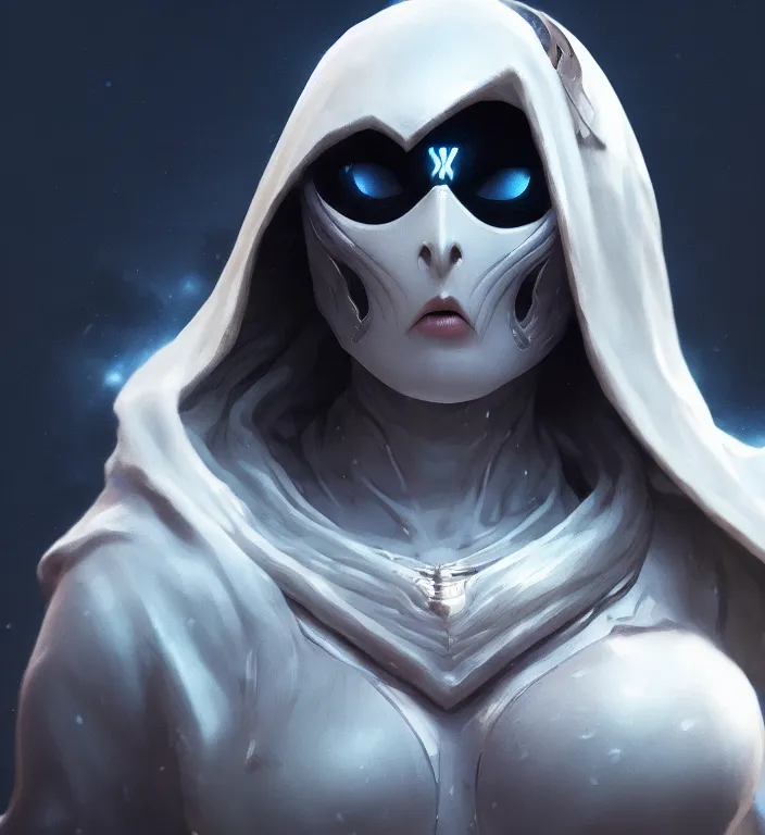 Image similar to female moon knight, hyper detailed, digital art, trending in artstation, cinematic lighting, studio quality, smooth render, unreal engine 5 rendered, octane rendered, art style by klimt and nixeu and ian sprigger and wlop and krenz cushart