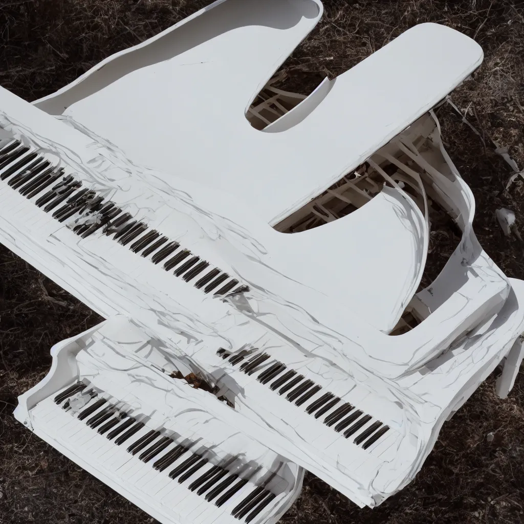Prompt: White grand piano with damaged keys, 4k