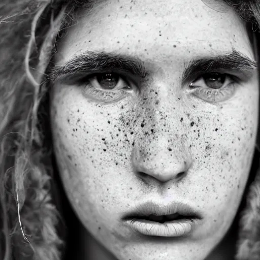 Prompt: minimalist photography portrait of a neanderthal woman, symmetrical, super close up, mid thirties, freckles, cute round slanted eyes, caucasian, wide nostrils, high cheekbones, high flat eyebrows, leica 1 0 0 mm f 0. 8