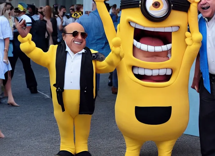 Image similar to Danny DeVito dressed in a minions costume, 8k, award winning photograph