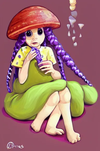 Prompt: a little girl wearing a mushroom hat in dress sitting on her bed with a slime in her lap | | purple hair with braids, pretty face, sharped details, art by jasper ejsing and lois van baarle, trending on pixiv, anatomically correct, perfect composition, symmetrical, fascinated, clean details