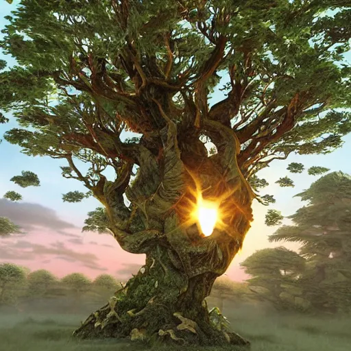 Image similar to fabulous, mighty, onimous tree in a fantasy world, dreamlike sunraise, ultra realistic, ultra detailed