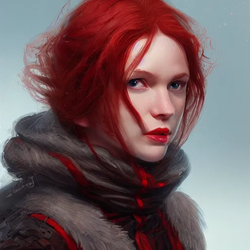 Prompt: head and shoulders, red head female thief, by june jenssen and anna podedworna, artstation