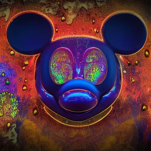 Image similar to counterfeit mickey mouse head, fractal, broken, psychedelic dystopia, fractured, melting, wet, mycelium, radiant alien, rococo, baroque, automotive, bio-mechanical, porcelain, iridescent, sub surface scattering, unreal engine 5