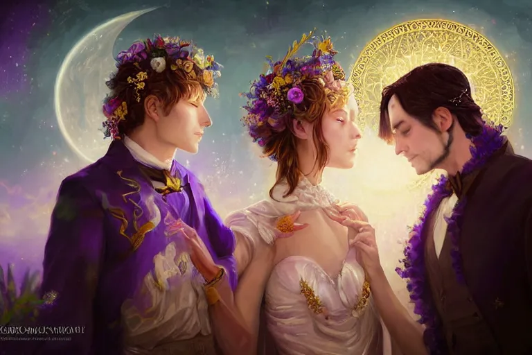 Image similar to a dreamlike cinematic portrait of wedding photograph close up moment of a divine a russia sun god and moon goddess lovers magician at a wedding banquet. portraiture. digital painting. artstation. concept art. fantasy wedding photo. digital painting, 8 k realistic, hyper detailed, violet evergarden art masterpiece by art by krenz cushart