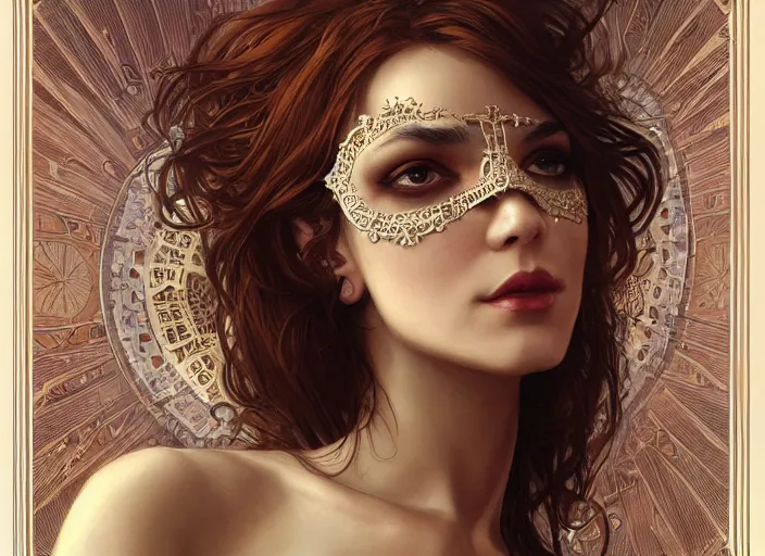 Image similar to masked, perfectly-centered-Portrait of the most beautiful woman on the planet , intricate, highly detailed, artstation, concept art, smooth, sharp focus, illustration,award-winning, Unreal Engine 5, 8K, art by artgerm and greg rutkowski and alphonse mucha