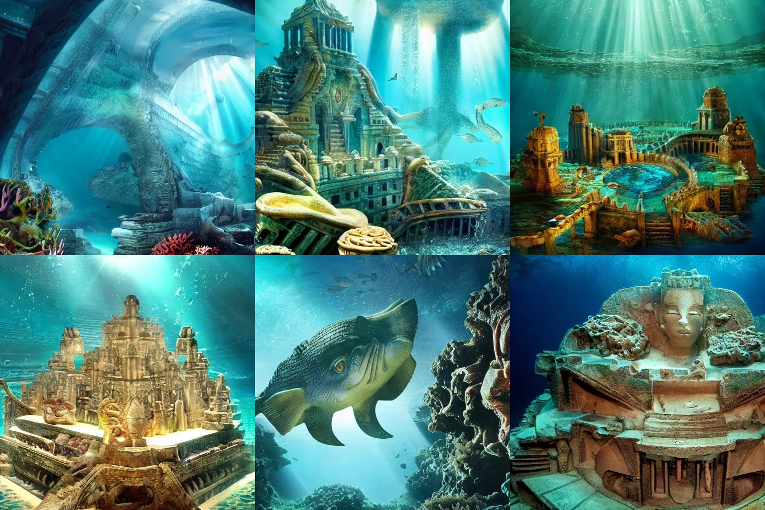 Prompt: the lost city of atlantis, extremely detailed, underwater photography, sharp focus, beautiful lighting.