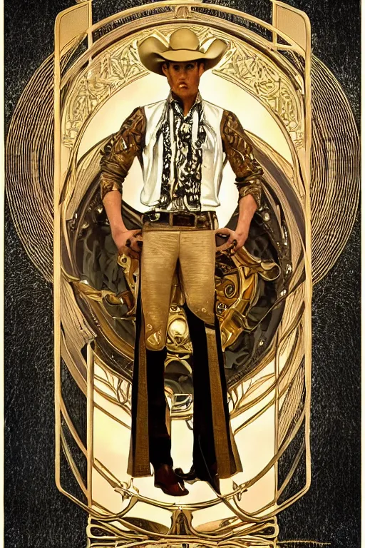 Prompt: a dramatic ethereal epic symmetrical painting of a handsome cowboy in beautiful outfit with a metallic gold trim | tarot card, art deco, art nouveau, (steampunk), homoerotic, realistic, intricate, precious metals | by Mark Maggiori and ((((Alphonse Mucha))) | trending on artstation