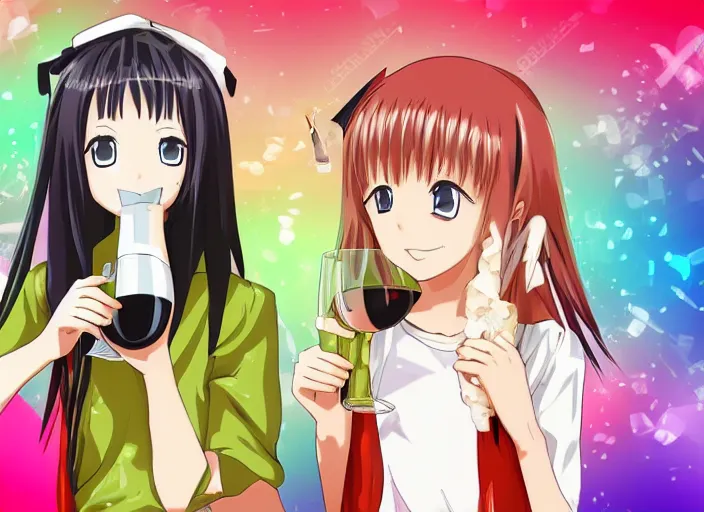 Prompt: Two young anime girls. One is smoking a fat joint, the other is drinking wine from a bottle. Hypnotic background