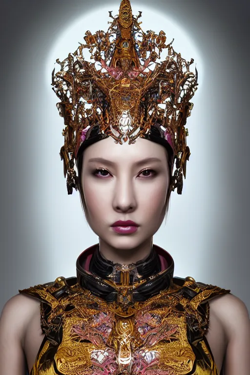 Image similar to a beautiful empress portrait, with a brilliant, impossible striking big cybernetic headpiece, cybernetic clothes, symmetrical, dramatic studio lighting, rococo, baroque, asian, hyperrealism, closeup, D&D, fantasy, intricate, elegant, highly detailed, digital painting, artstation, octane render, 8k, concept art, matte, sharp focus, illustration, art by Artgerm and Greg Rutkowski and Alphonse Mucha