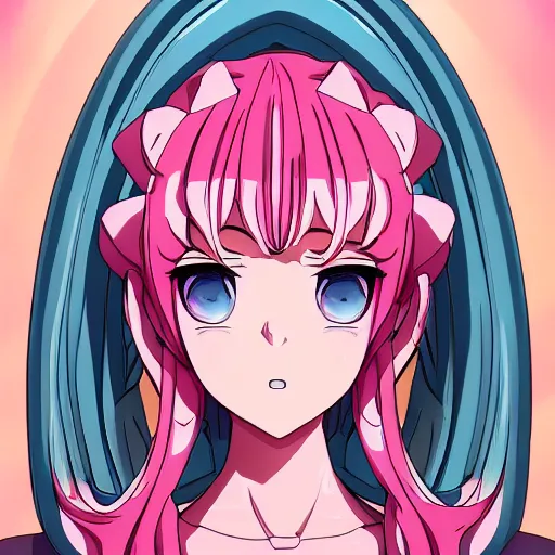 Image similar to stunningly beautiful omnipotent megalomaniacal anime goddess with porcelain skin, pink hair and mesmerizing cyan eyes, symmetrical perfect face smiling in a haughty way, mid view, hyperdetailed, 2 d, 8 k