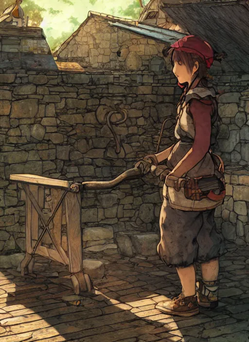 Image similar to tomboy blacksmith at the smithy, hidari, color page, tankoban, 4K, tone mapping, Akihiko Yoshida.