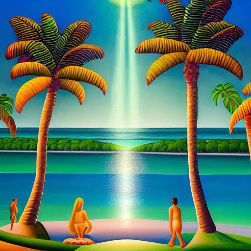 Image similar to a ultradetailed beautiful painting of amazonas beach by tarsila do amaral, major arcana sparkles sky, dougherty patrick, trending on artstation, mediterranean, palm trees, light refracted lines and sparkles, major arcana sky, sharp focus, soft light