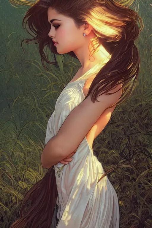 Image similar to beautiful cottagecore selena gomez!!, standing in front of a beach, intricate, stunning, highly detailed, digital painting, artstation, concept art, smooth, sharp, focus, illustration, art by artgerm and greg rutkowski and alphonse mucha