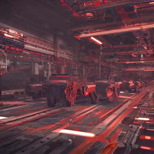 Prompt: factorio production line, intricate artwork by tooth wu and wlop and beeple. octane render, trending on artstation, greg rutkowski very coherent symmetrical artwork. cinematic, hyper realism, high detail, octane render, 8 k, red and black tones