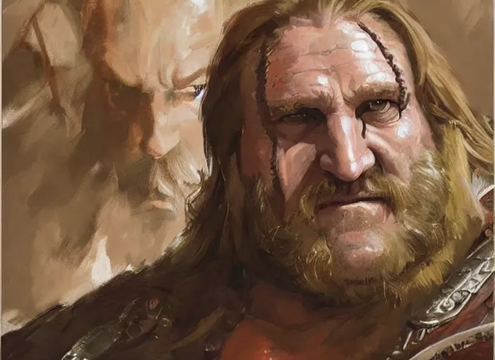 Prompt: a highly detailed beautiful portrait of gerard depardieu as kratos, by gregory manchess, james gurney, james jean