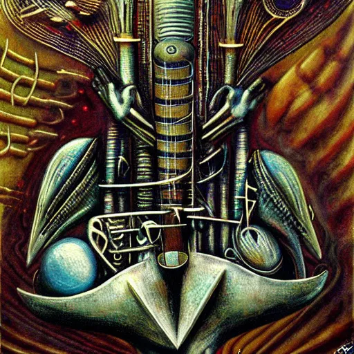 Image similar to a painting of a bunch of alien musical instruments by kinuko craft floating in the water, egyptian art by h. r. ( hans ruedi ) giger, deviantart, gothic art, airbrush art, egyptian art, biomorphic